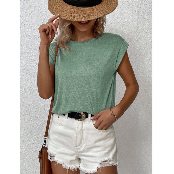 Green Crew Neck Muscle Tee Top Shirt Cap Sleeve, Round Neck - Picture 3 of 7